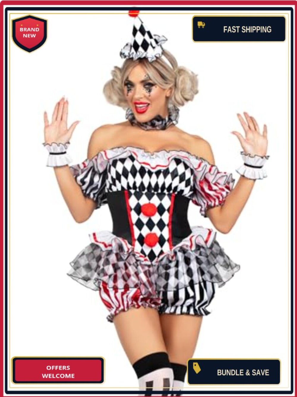 Leg Avenue Harlequin Clown Costume Sexy 4 Piece